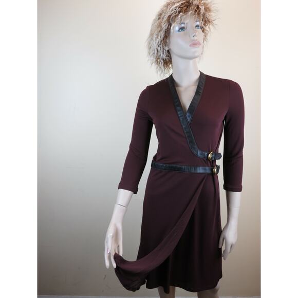 NEW GUCCI WOOL BURGUNDY LEATHER LONG SLEEVES GOLD BUCKLES BELTED DRESS 38 ITALY - Picture 8 of 12